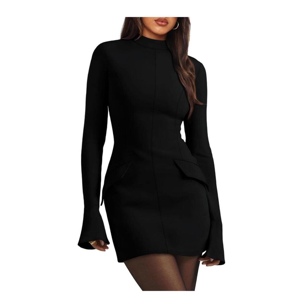 Women's Fall Long Sleeve Mock Neck Dress Basic Party Club Bodycon Mini Dresses